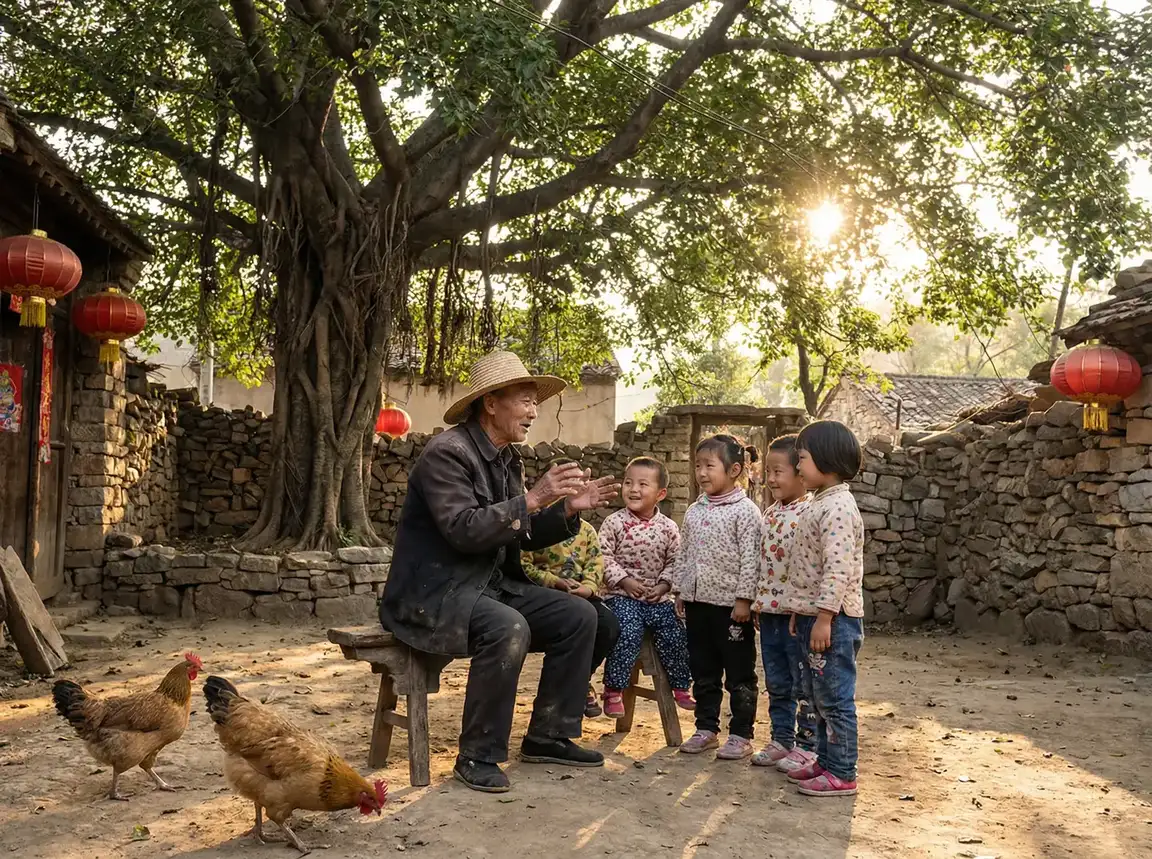 老人在大榕树下给孩子们讲故事 - 我和黑帮老大的是365天 乡村记忆